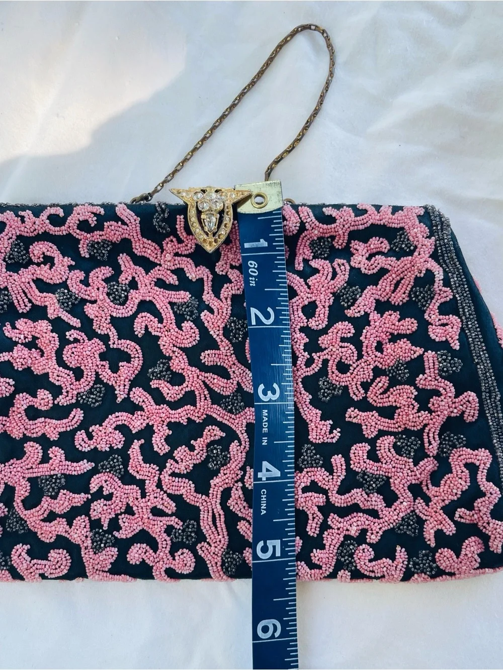 Vintage Pink Black Beaded Evening Purse Jeweled Clasp Satin Lined
